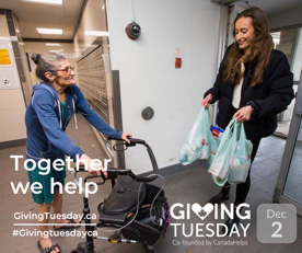 Giving Tuesday Promo. A volunteer assisting a lady with a walker